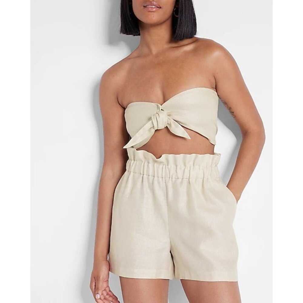 Express Sparkle Linen-Blend Tie Front Bandeau Top L